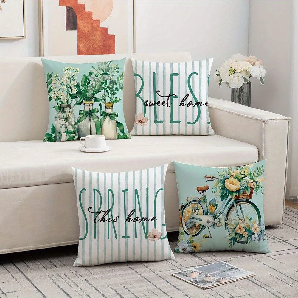 Bicycle Filled with Flowers Spring Bedroom Living Room Sofa Decoration Polyester Cushion Cover Home Decor Pillowcase with Zipper