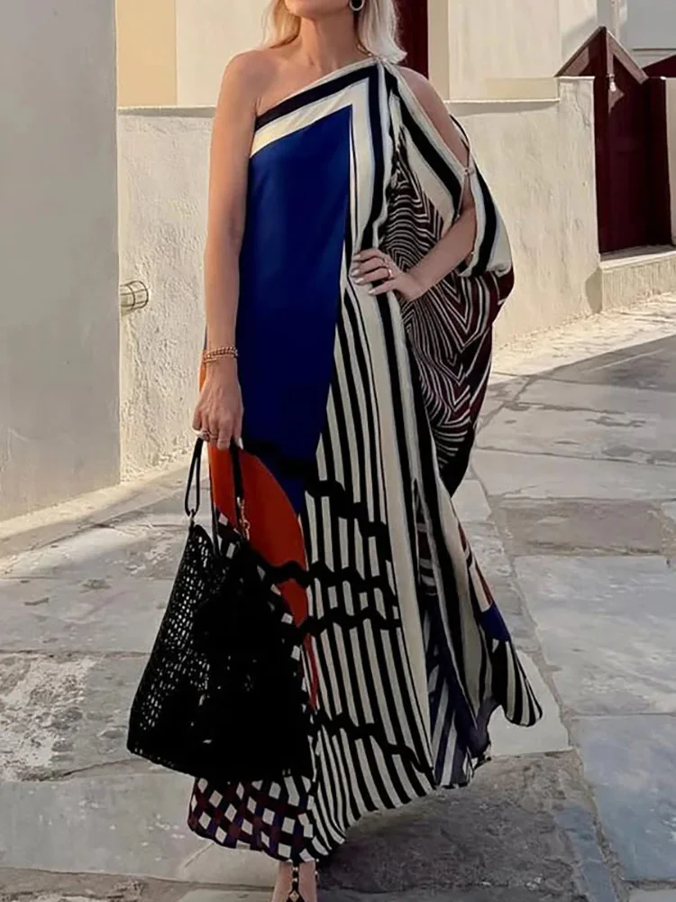 Patchwork Inclined shoulder Fashion Party Dress, Women Summer Beach Elegant Maxi Dress, 2026 Casual Diagonal Collar Ladies Dress