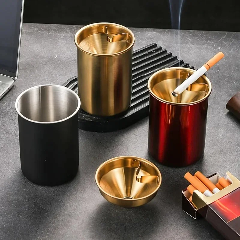 1‑Pcs Round Wind‑Proof Stainless‑Steel Ashtray with Lid, Smokeless Cigar Ash Holder for Indoor and Patio Use