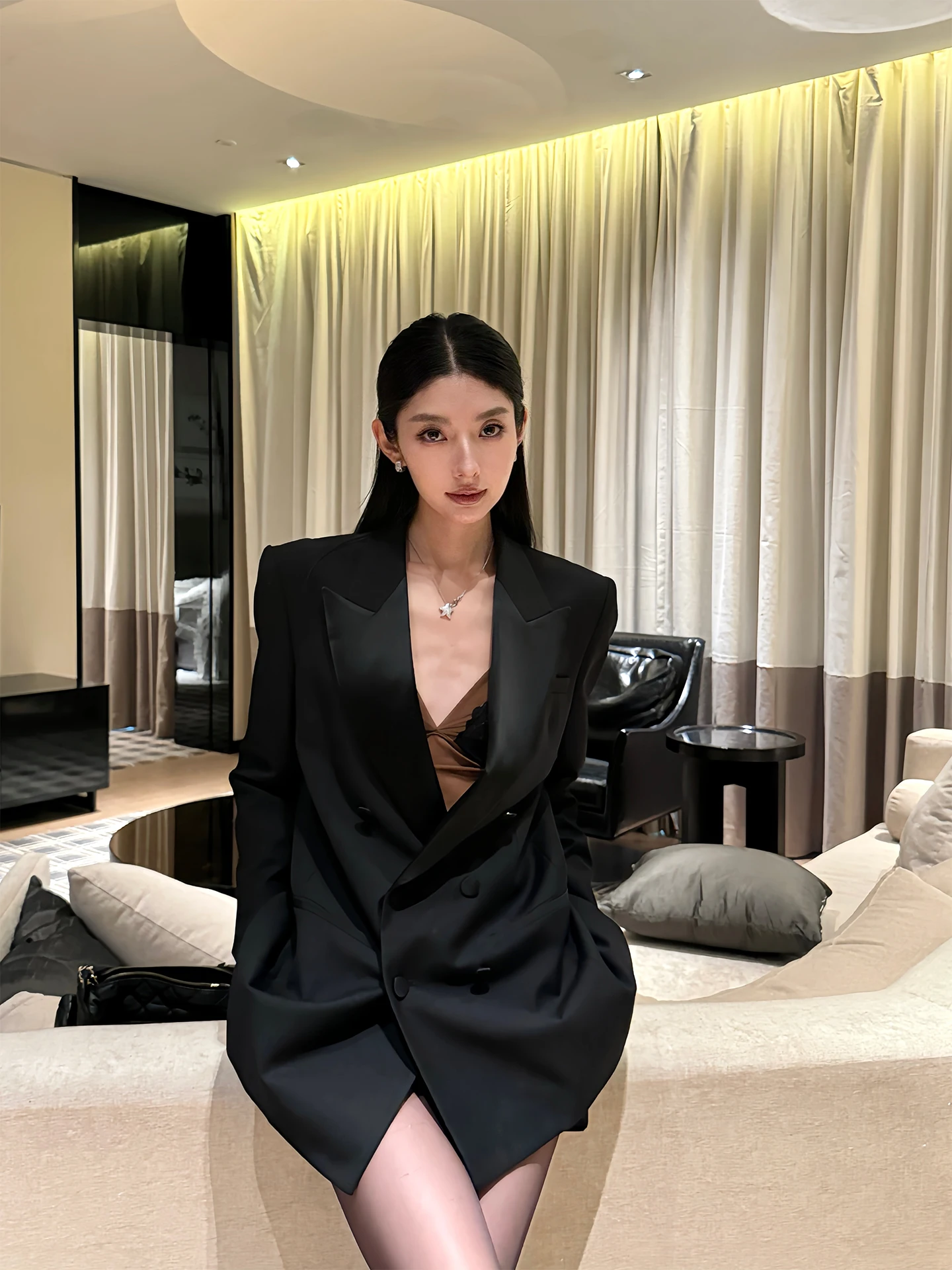 

Classic Rosie Women's Wool Acetate Straight Leg Suit Ele Godd Sle Western Faion Long Sve Mid-Length Coat