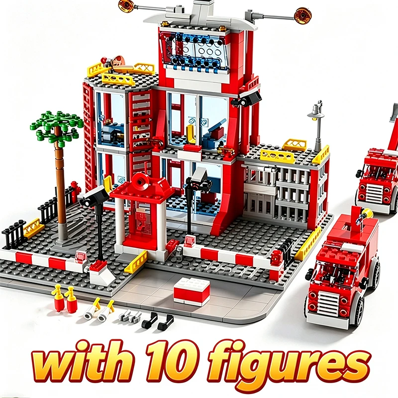 Fire Station Building Block Set Fire Truck DIY Fire Department Model City Building Puzzle Toy Children Birthday Christmas Gift