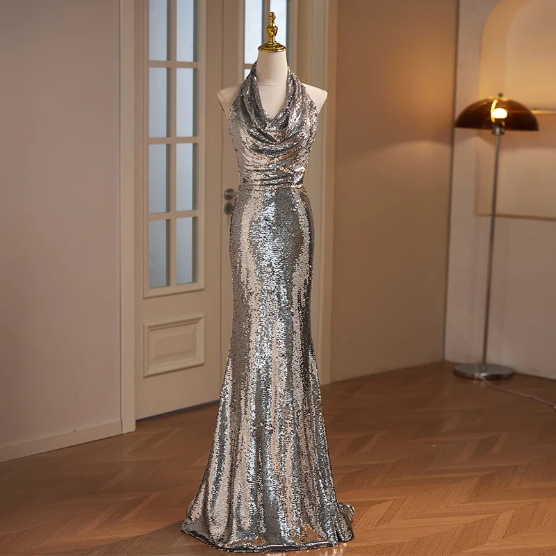 

Элегантное серебристое вечернее платье-русалка для женщин, блестящее, модное, роскошное, высококачественное, с открытой шеей, для торжественных мероприятий