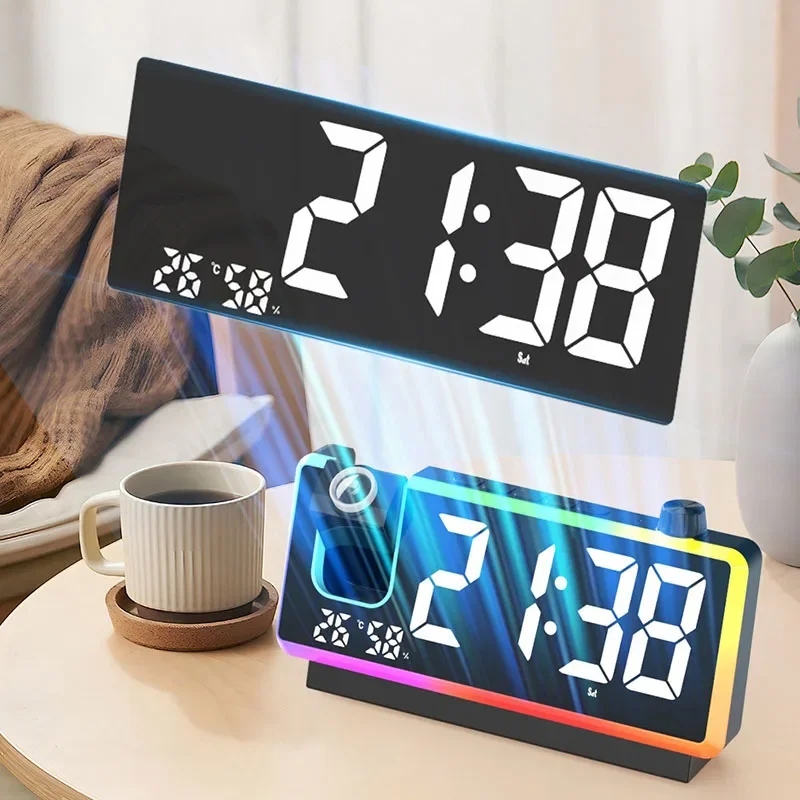 Rechargeable Led Screen Alarm Clock Rgb Colorful Projection Digital Clock, New Table/desk Electronic Clock With Time Display