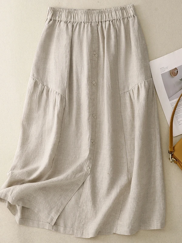 Retro Cotton Linen A-Line Midi Skirt Women's Summer Thin Loose High Waist Slimming Half-length Bell Bottoms Commute Style