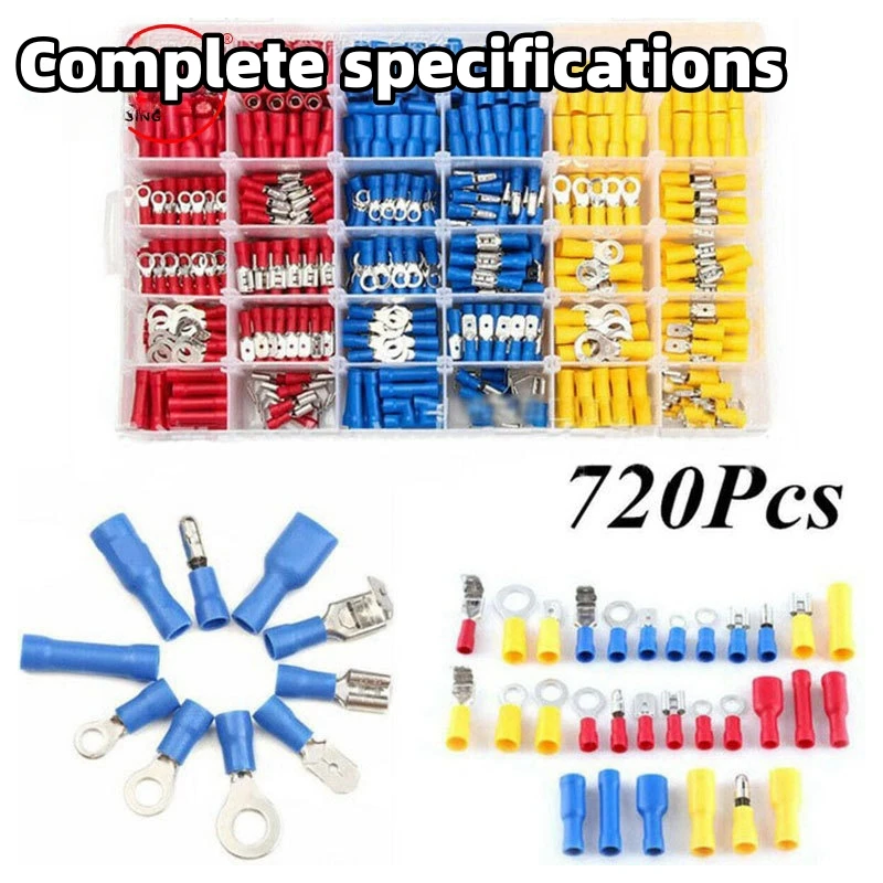 

140~720 PCS Cold Press Terminal Insulated Terminal Block Wire Cable Connector Kit Crimp Spade Insulating Ring Fork Docking Kit