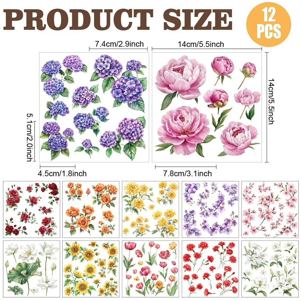 12 Sheets Different Flowers Rub On Transfer Stickers Rose Sunflower Hydrangea Lily Floral Stickers Literary Style House