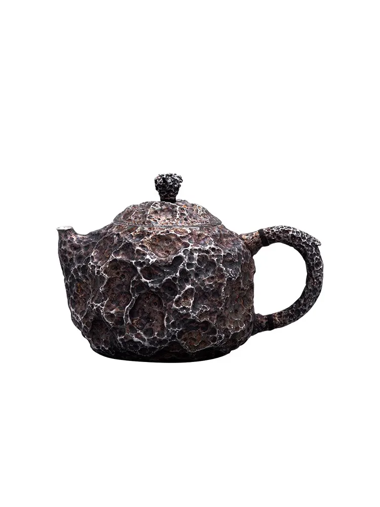 Pure Silver 99.9% Tea Pot Handmade One Stone Pattern Insulated Silver Pot Meteorite Pit Wormhole Pot