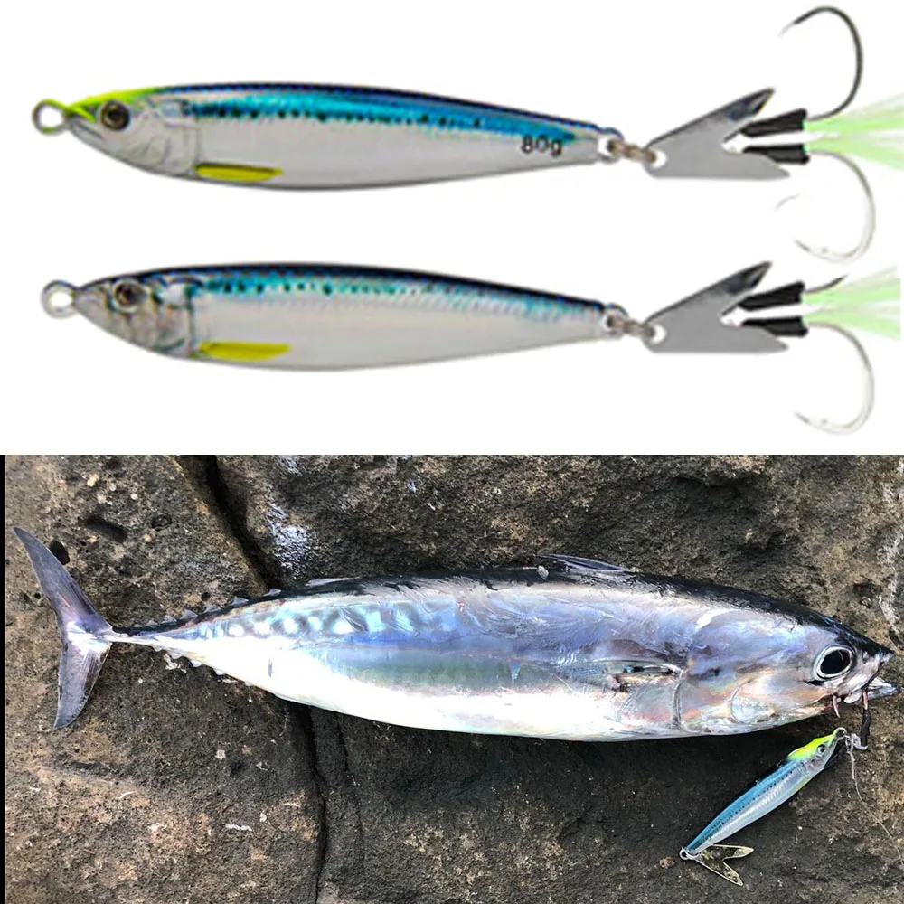 Metal Jig Shore Jigging Trolling Saltwater Fishing Lure,3D Hard Bait,Bass Spoon Bait,Trout Lures for Tuna Mahi Marlin,40G60G80G