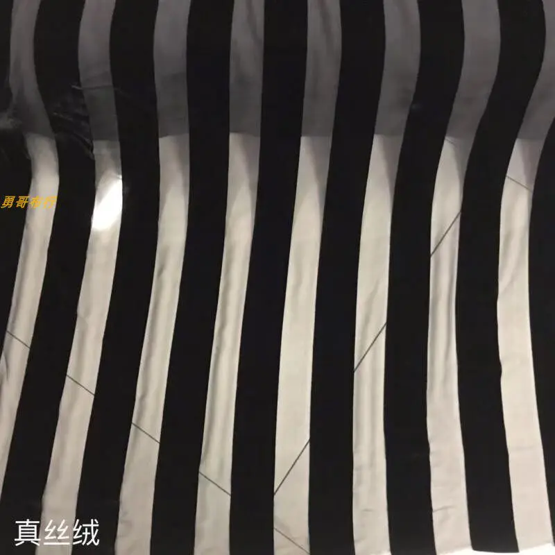 Black See-through Real Velvet Striped Fabric Draping Fashion Stitching Dress Sleeves Designer Cloth