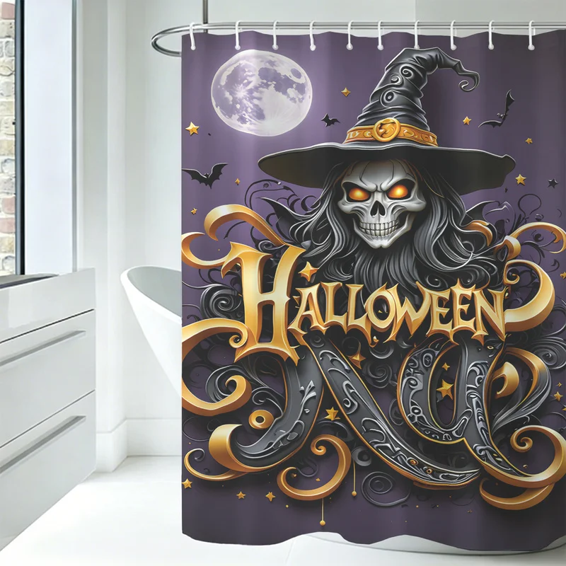 Happy Halloween Shower Curtain Castle Pumpkin Skeleton Spider Print Bath Curtain With Hooks Waterproof Bath Decor Holiday Gift