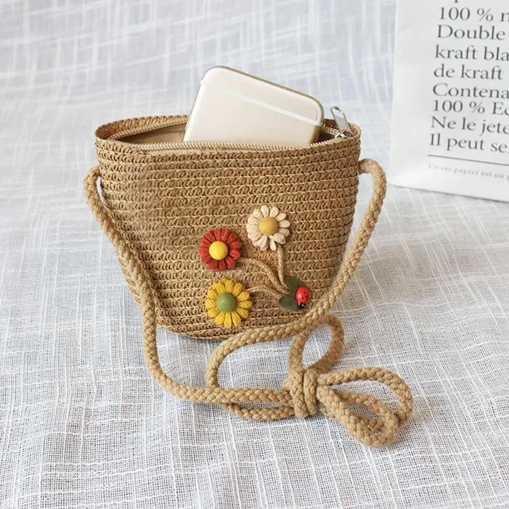Cute Straw Shoulder Bags Baby Girls Handmade Woven Crossbody Bag Princess Kids Messenger Bags Mini Coin Purse Beach Handbags