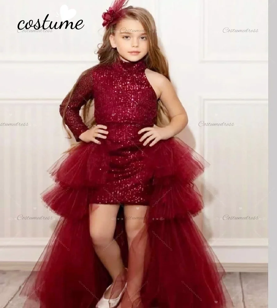 

Princess Red Christmas Flower Girls Dress 2026 Long Sleeve Sequin Hi Low Easter Junior Pageant Kids Party Gowns Formal Birthday