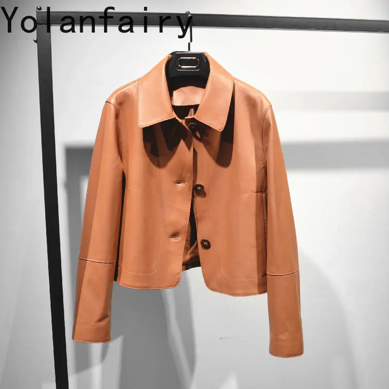 YOLANFAIRY-Jaqueta de couro de carneiro real feminina, outwear curto, moda feminina, primavera, outono, estilo celebridade, nova