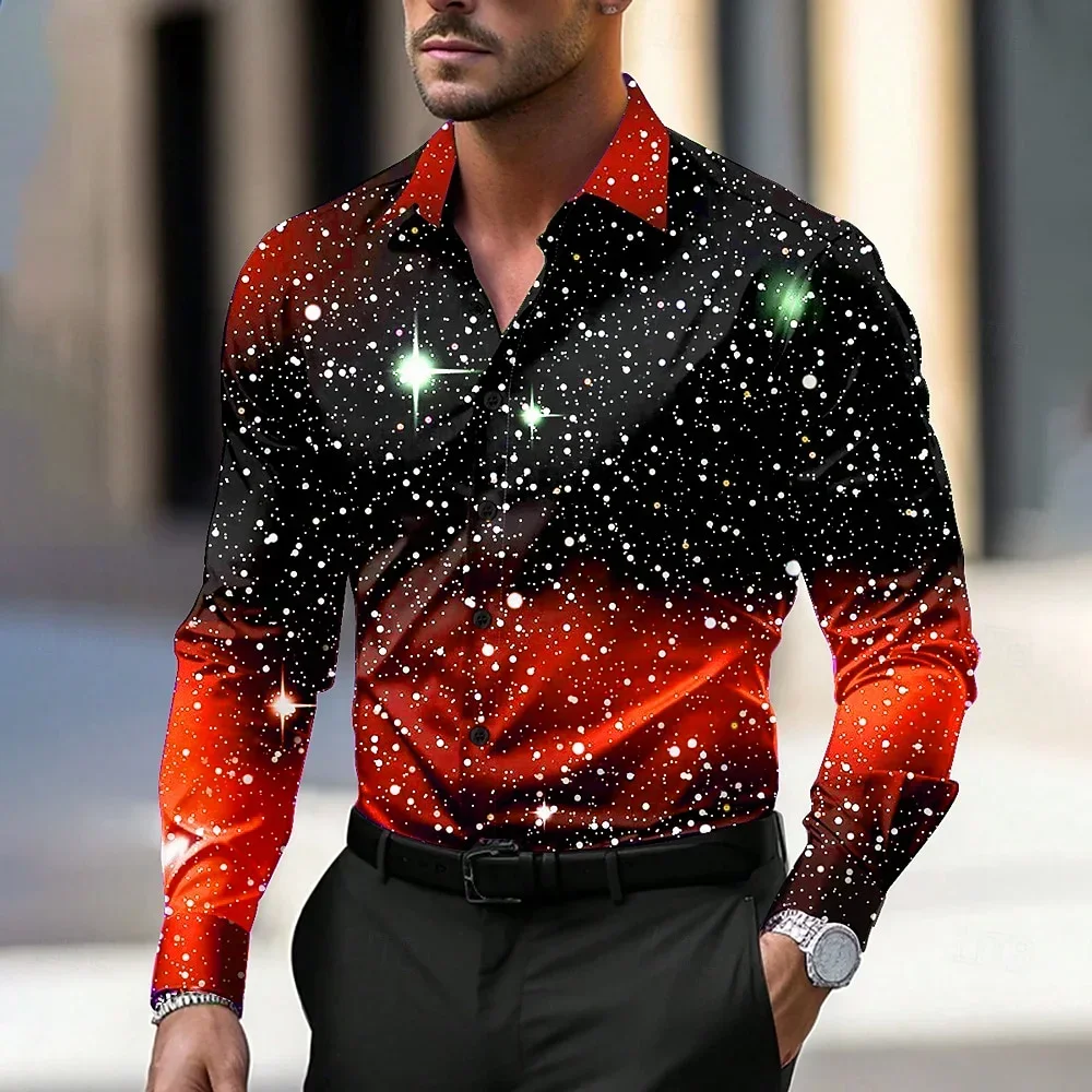 Christmas Men's Shirt Star/Galaxy Long Sleeve Shirt Art Casual Christmas Party Evening Dress Autumn/Winter Top Collar Button