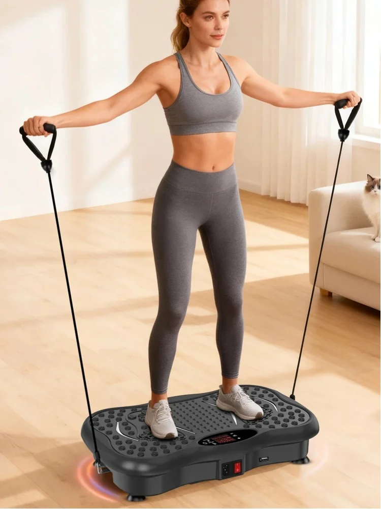 Ganzkörper-Vibrationsplatte, Trainingsgerät, Bluetooth-Lautsprecher, 5 automatische Modi, 99 manuell einstellbare Modi, LED-Anzeige, Widerstandsbänder für das Heimtraining, EU-Stecker.
