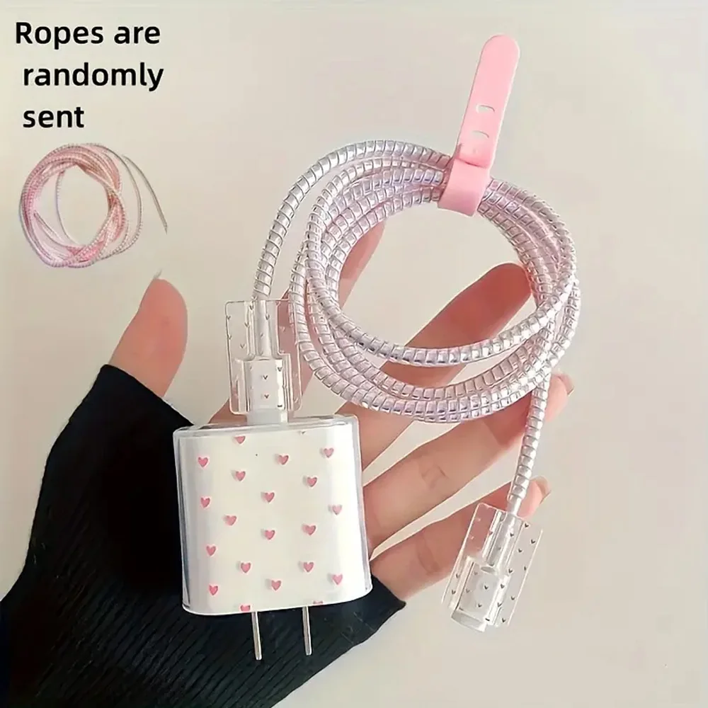 Cute Pink/Blue Hearts Cartoon Charger Case - Compatible for iPhone 18W/20W USB-C Power Adapter and Lightning Cable 3D Soft Case