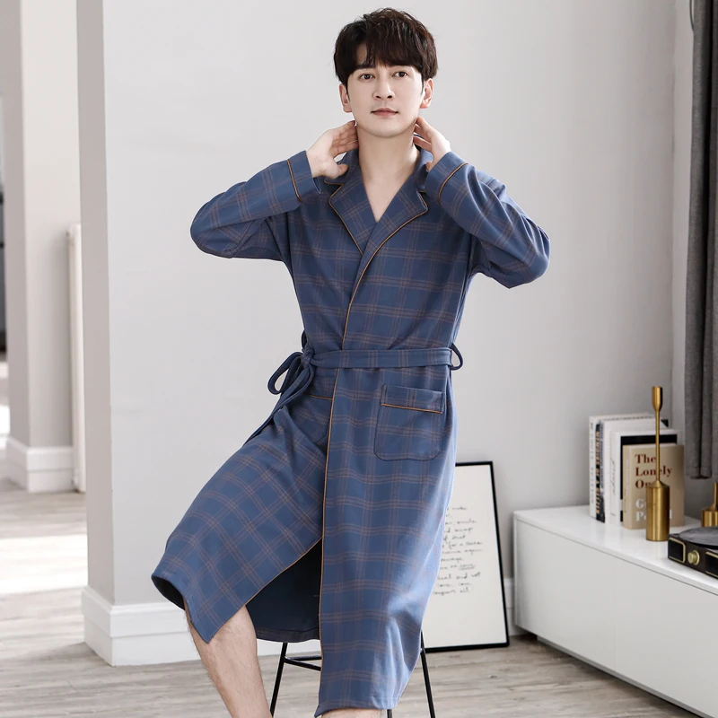 Casual Plaid Men Long Nightgown Kimono Bathrobe Gown Cotton V-neck Intimate Lingerie Long Sleeve Spa Robes Sleepwear For Male