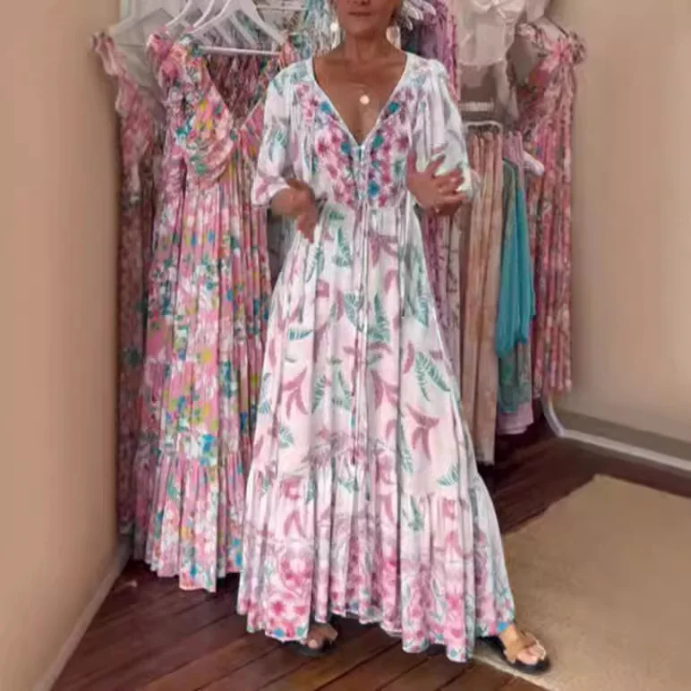

Fashion Boho Print Dress Casual V-neck Single Breasted Half Sleeve Large Hem Long Dresses Summer Resort Style Women's Clothing