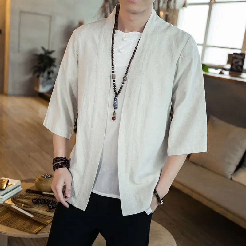 2023 Summer Men\'s Kimono Jackets Cardigan Mens Lightweight Casual Cotton Blends Linen Seven Sleeves Open Front Coat Outwear