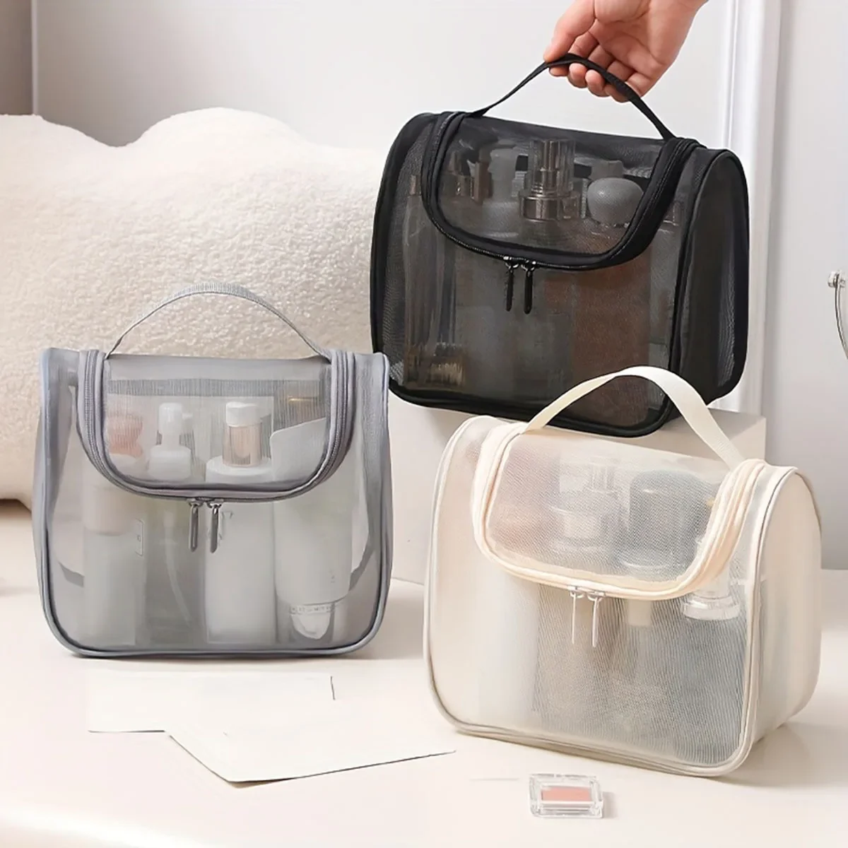 Women's Multi-functional Toiletries Bag Curved Nylon Mesh Portable Makeup Bag Large Capacity Cosmetics Storage Bag