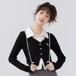 Polo Neck Youthful College Style Patchwork Fake Two-piece Outfit Top Short Sweet Fit Fashionable Elegant Trend Women Clothing