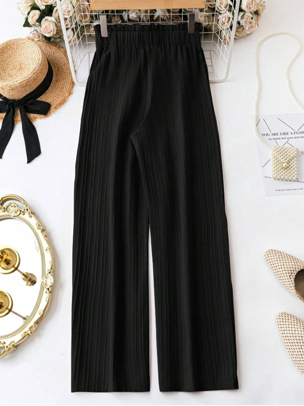 Summer Textured Striped Wide‑Leg Pants, High‑Waist Bow Tie, Draping & Breathable Black Commuter Casual Trousers