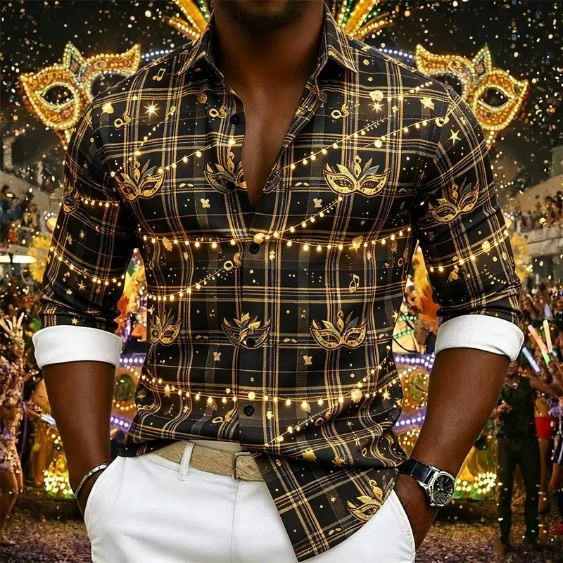 Men's Carnival Mask Golden Plaid Print Long Sleeve Shirt Lapel Tops For Festival Celebration Night Club Party Wear