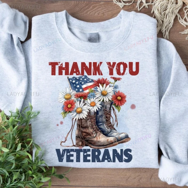 Thank You Veteran Woman Sweatshirt Veterans Day November 11th Hoodie American Commemorative Holiday Drop Shoulder Pullover