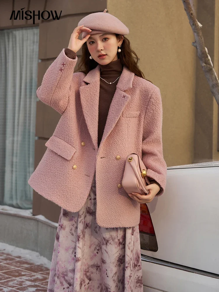 MISHOW Wool Blend Pink Coat Women 2023 Autumn Winter Thick Vintage Bouclé Woolen Blazer Warm Double Breasted Jacket MXC54W0133