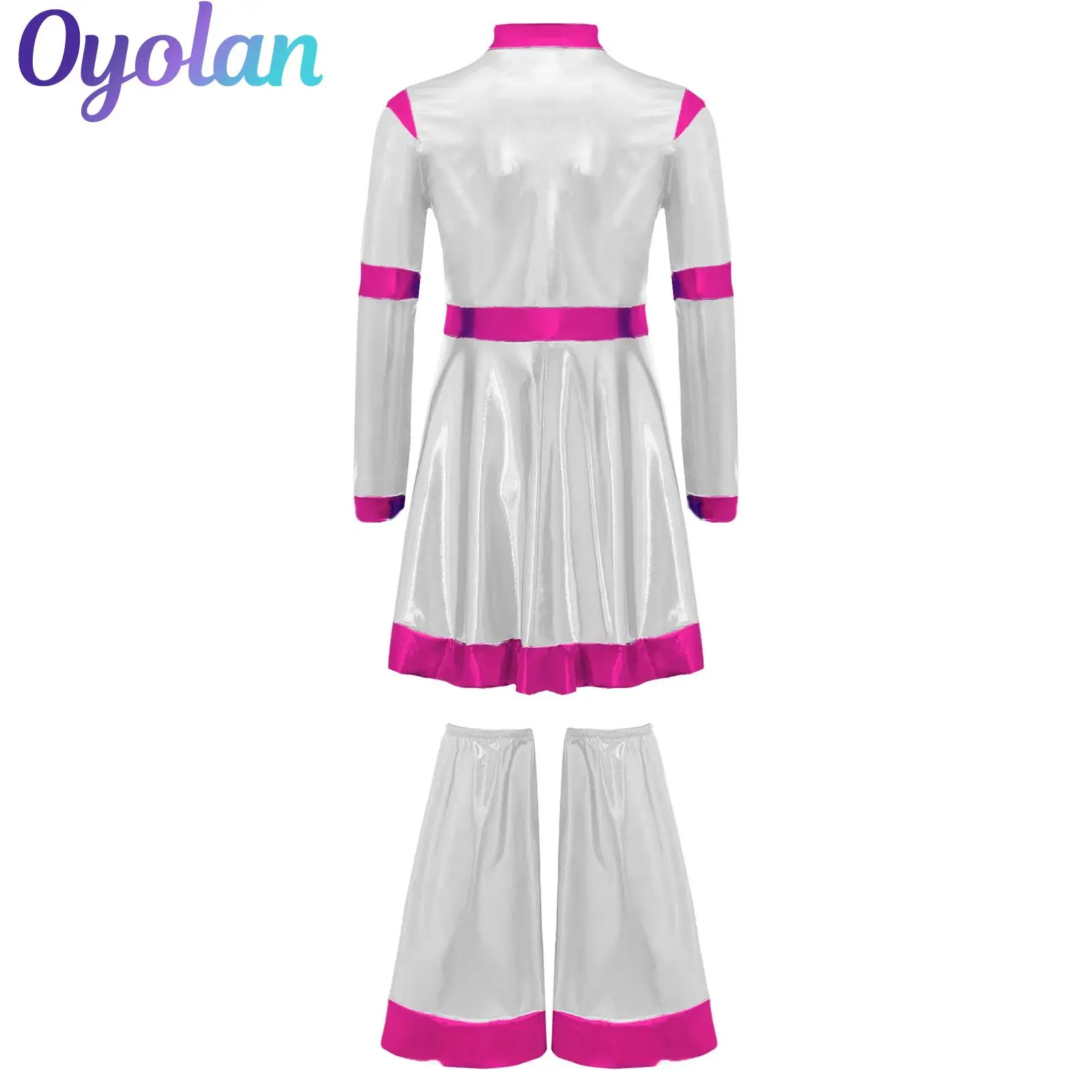 

Kids Girls Outer Space Alien Costume Shiny Metallic High Waist Robot Dress with Leg Covers Halloween Space Cadet Cosplay Outfits