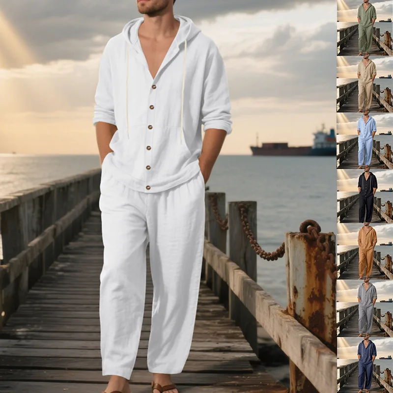 

Новый летний комплект мужской одежды, свободная льняная рубашка с длинными рукавами и длинные брюки в американском стиле, повседневный комплект