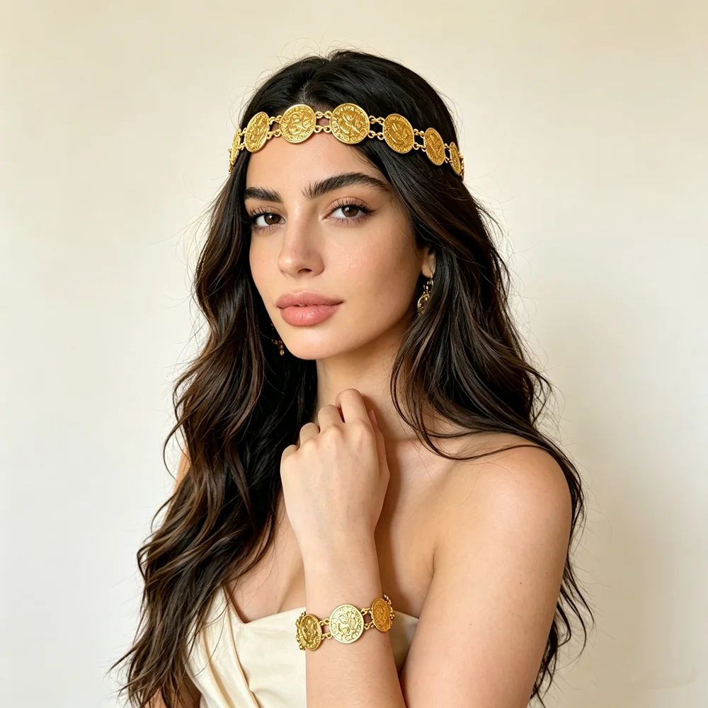 2Pcs Vintage Embossed Coin Head Chain Set Golden Plated Medal Link Jewelry for Women Beach Bridal Photos