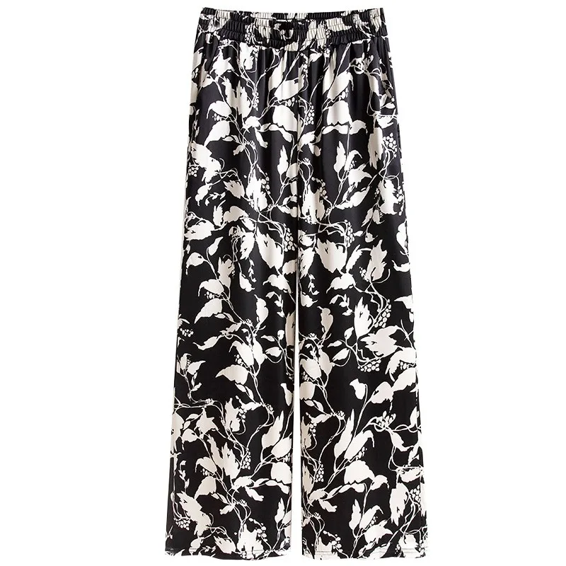 Pantalones informales finos de pierna ancha para mamá, pantalones de mujer con estampado Floral de ocio de verano de mediana edad, corte recto de cintura alta, nueve puntos