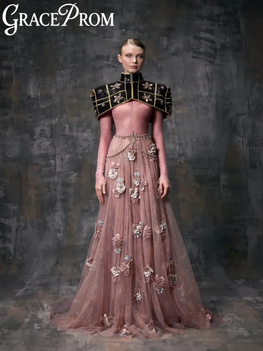 

Handmade 3D Floral Lace Evening Dress With Cape Pink A-line Long Wedding Party Gowns Customized Shinny Banquet Gowns
