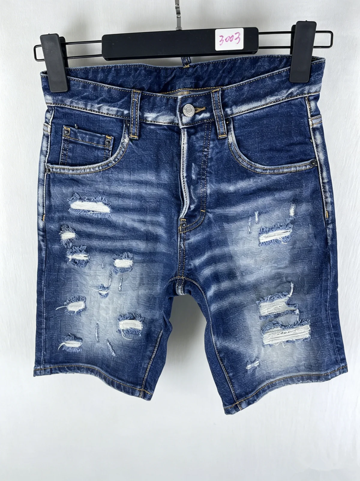 

3003 Summer New Men's Jeans Washed Ripped Color Printed Letter Slim-fit Micro-elastic Blue Denim Shorts for Men