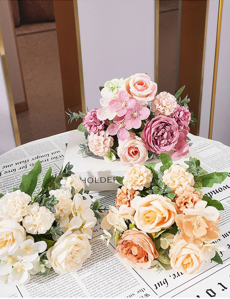 Künstliche Pfingstrose, Hortensien, rosa Rosen, Blumenstrauß, Seidenblumen für Hochzeit, Party, Blumenstrauß, gefälschte Blumenarrangements, Heimdekoration – Detail 11