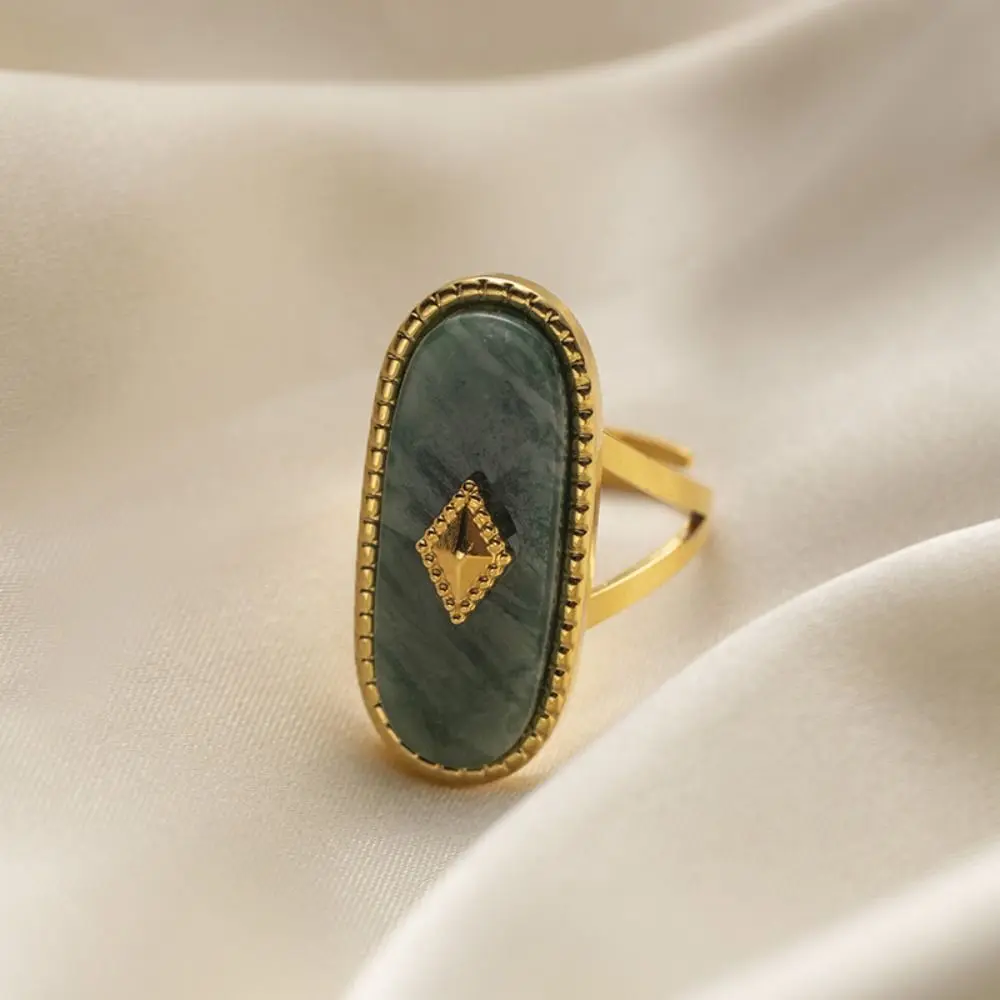Creative Exquisite Vintage Open Rings Simple Shell Oval Stone Rings Stainless Steel Women Jewelry Exaggerated Finger Ring Party