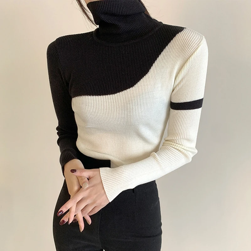 

Chic High Ne Long Sve Slim Fit Knitted T-irt Color Blo Design Korean Sle Commute Faion Autumn Top Women's Clothing