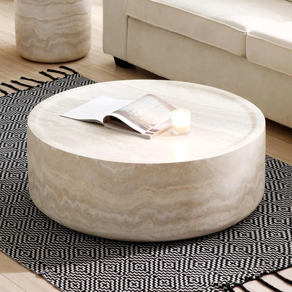 Round Coffee Table, Modern Tea Faux Travertine Textured Table, Fiberglass Side Table for Living Room, Apartment, Small Space