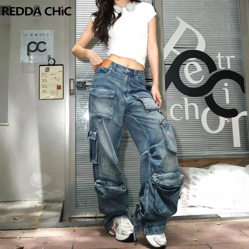 ReddaChic Women Cargo Pcokets Distressed Baggy Jeans Pintuck Label High Waist Adjustable Wide Leg Pants Hiphop Vintage Clothes