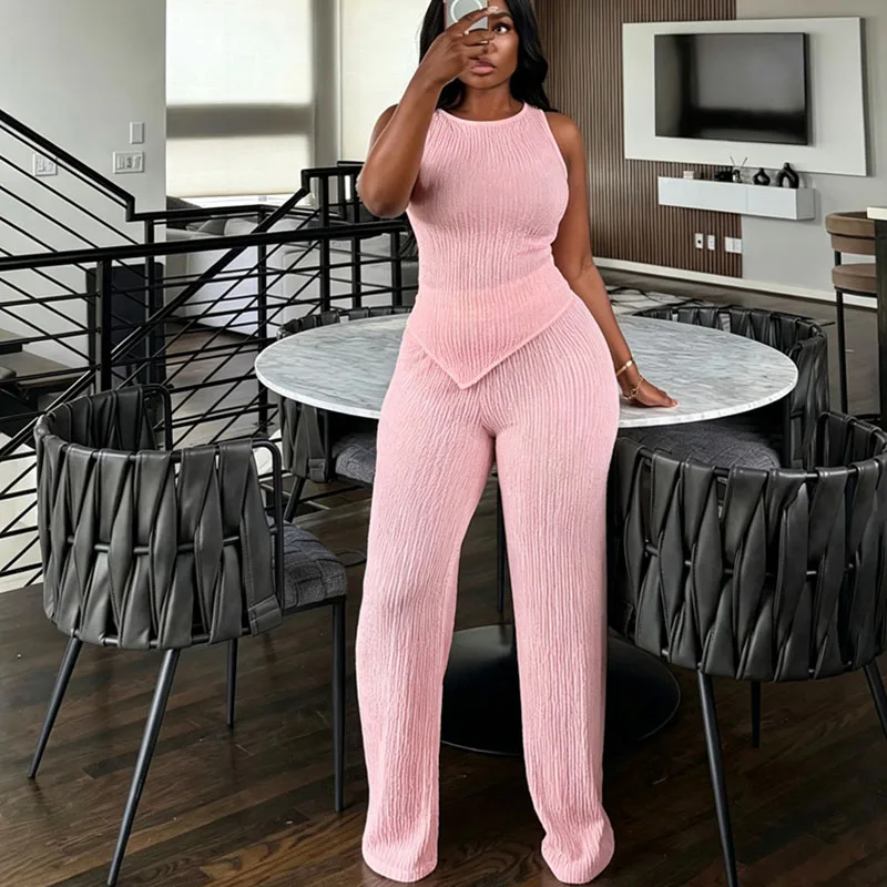 

Solid Knitted Ribbed Summer Outfits Woman 2 Piece Set Club Wear Party Irregular Sleeveless Top and Wide Leg Pants Matching Sets