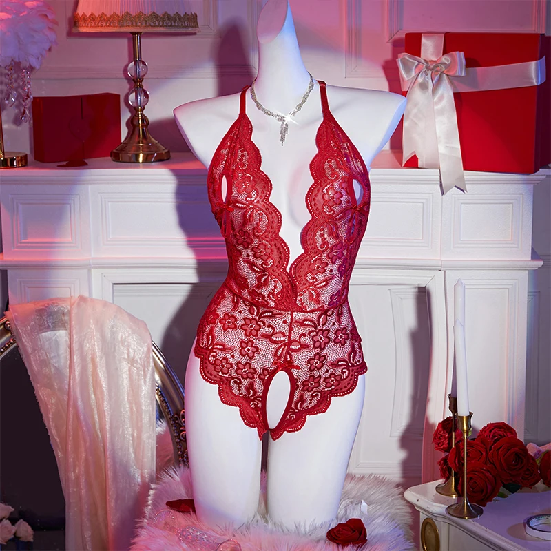 Red Crotchless Woman Sexy Romantic See Through Night Dress Teddy Babydoll Lingerie Porn Lovers Sex Clothing Valentine's Day Gift