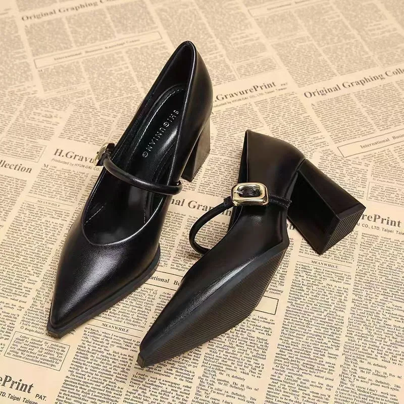 

Women Belt Buckle Shallow Mouth Single Shoes Quality Leather Thick Heeled Mary Janes Temperament Pointed High Heeled Single Shoe