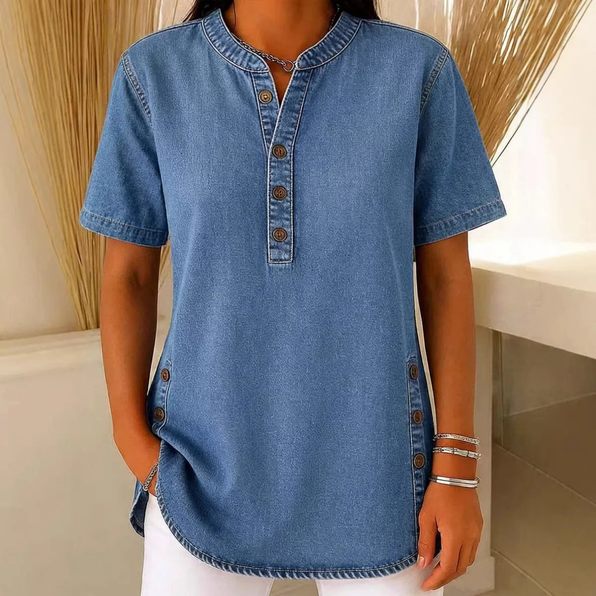 

Faux Denim Short Sleeve Top V Neck 2026 Summer Women's Casual Blouse Lightweight Fabric Day Out Outfit