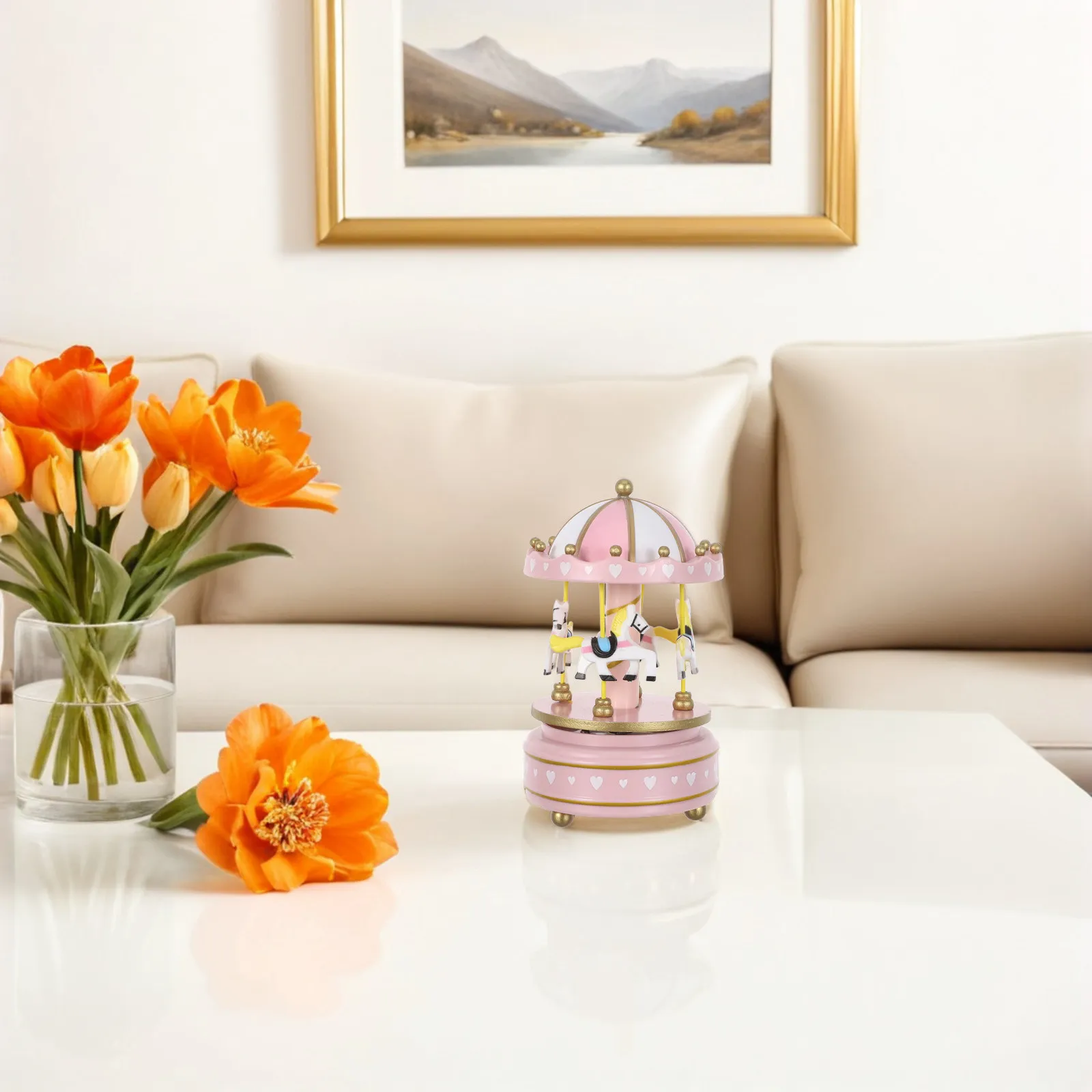 Wooden Carousel Music Box Pink Rotating Wind-Up Holiday Tabletop Decoration Castle in The Sky Tune Christmas Birthday Present