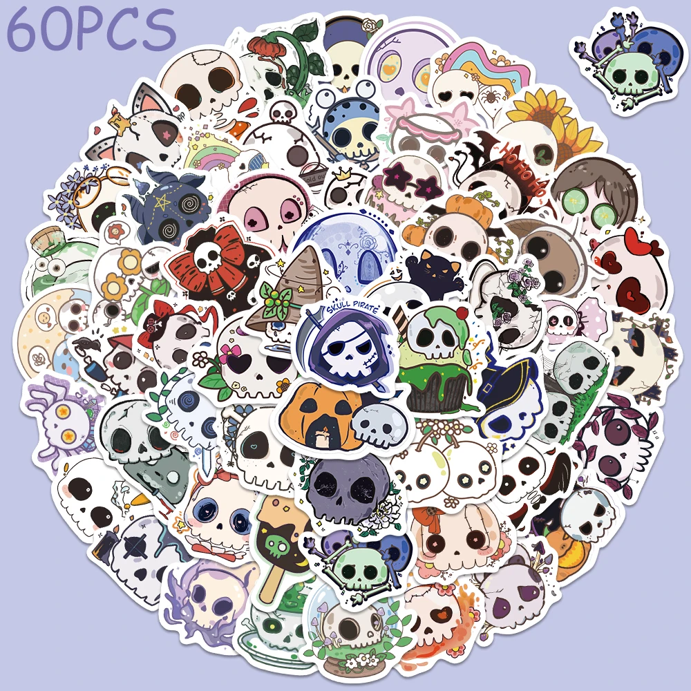 

60pcs Cartoon Halloween Groovy Skull Stickers Decals For Laptop Refrigerator Wall Guitar DIY Aesthetic Waterproof Stickers
