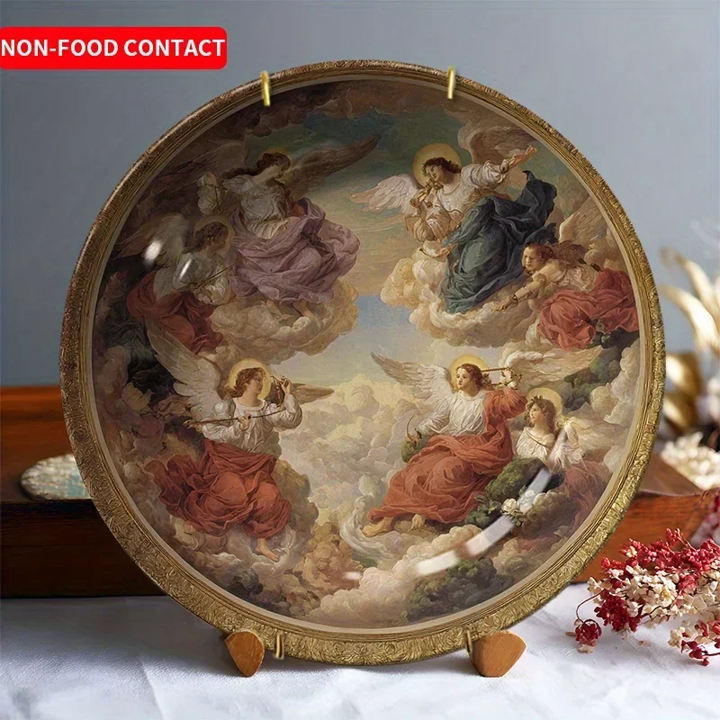 1pcAngel Theme Ceramic Decorative Plate Hand-Painted Sky Angels Design Home Wall Art Non-Food Contact Craft Living Room Bedroom