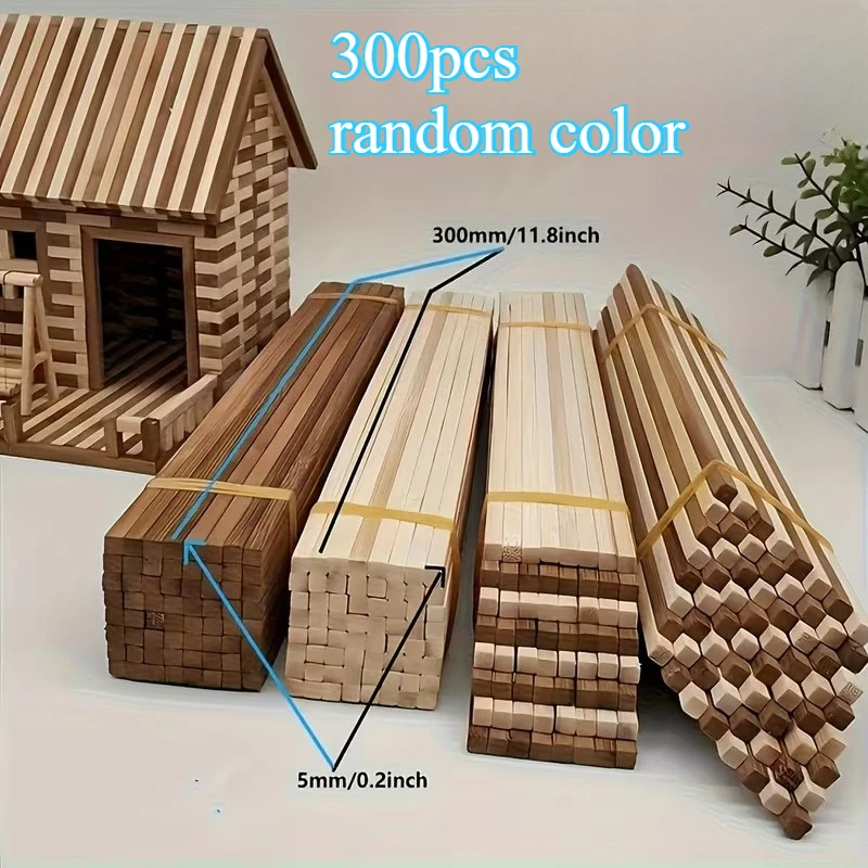 300pcs 11.81*0.2*0.2inch Carbonized Plus Original Color Square Bamboo Sticks, Craft Sticks, Woodworking Supplies, Models, Craft Project Crafts, Square Bamboo Sticks for Craft Construction Random Color