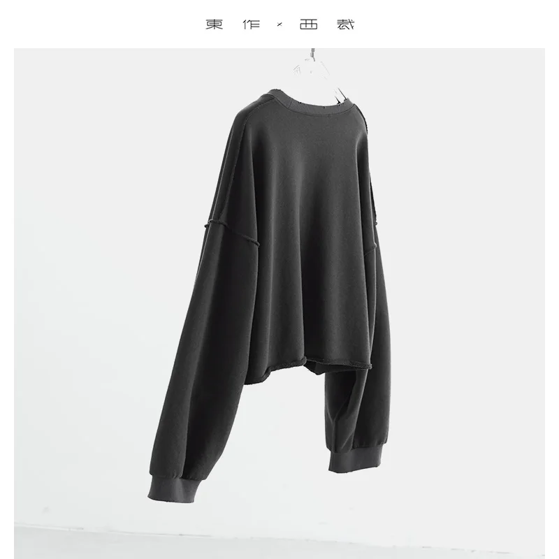 디스트레스드 & 워른 아웃 스타일 ~ 드롭 숄더 슬리브, 라운드 넥 스웨트셔츠, 아메리칸 스타일 긴팔 프레이드 헴 숏 디자이너 탑 여성용, 2025 가을 및 겨울 신상품