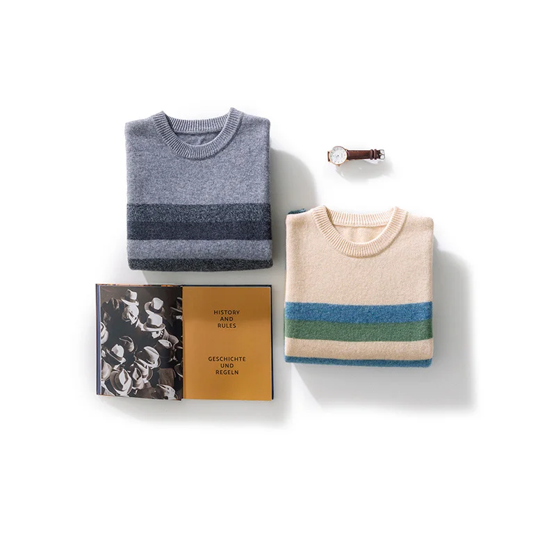 Autumn Winter 100% Merino Wool O-Neck Color-Block Striped Sweater Pullover Cashmere Soft Long Sleeves Basic Casual Clothing Top